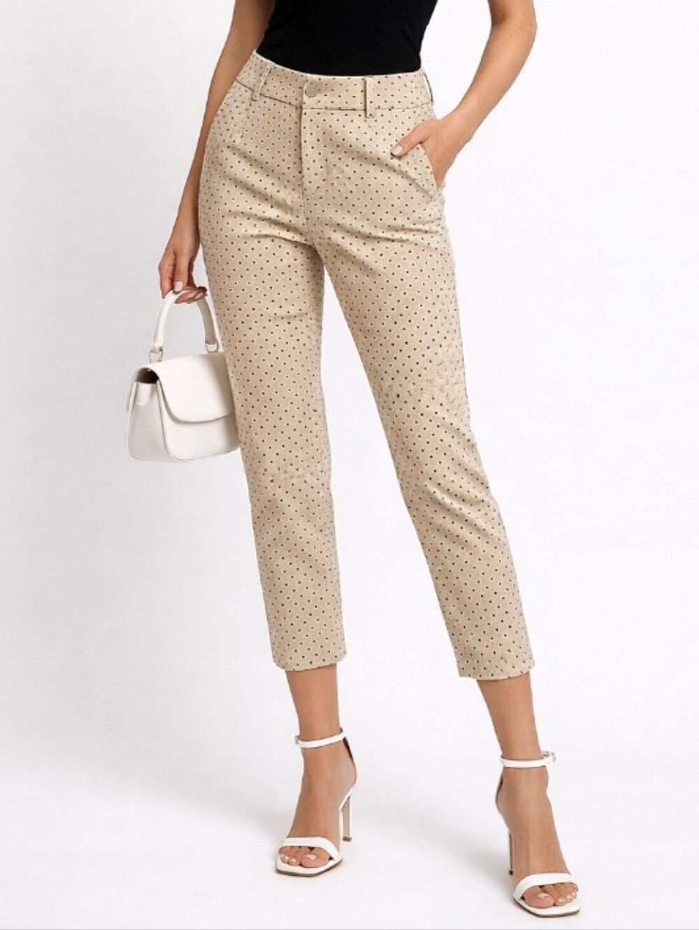 New York & Company Stretch Polka-dot Cropped Skinny Pants Taupe Black 8